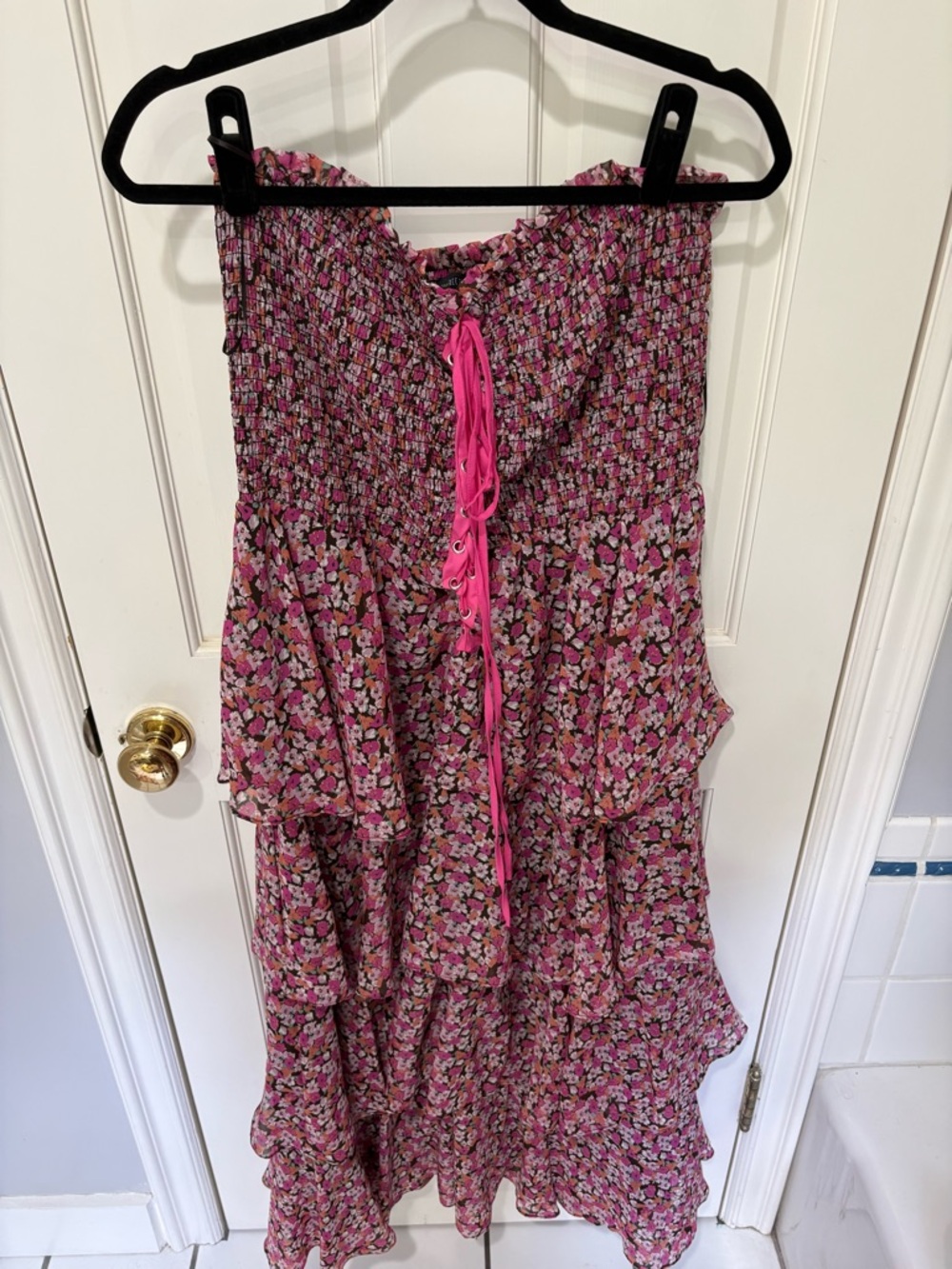 Free the Roses Pink Floral Smocked Maxi Dress with Lace Tie
